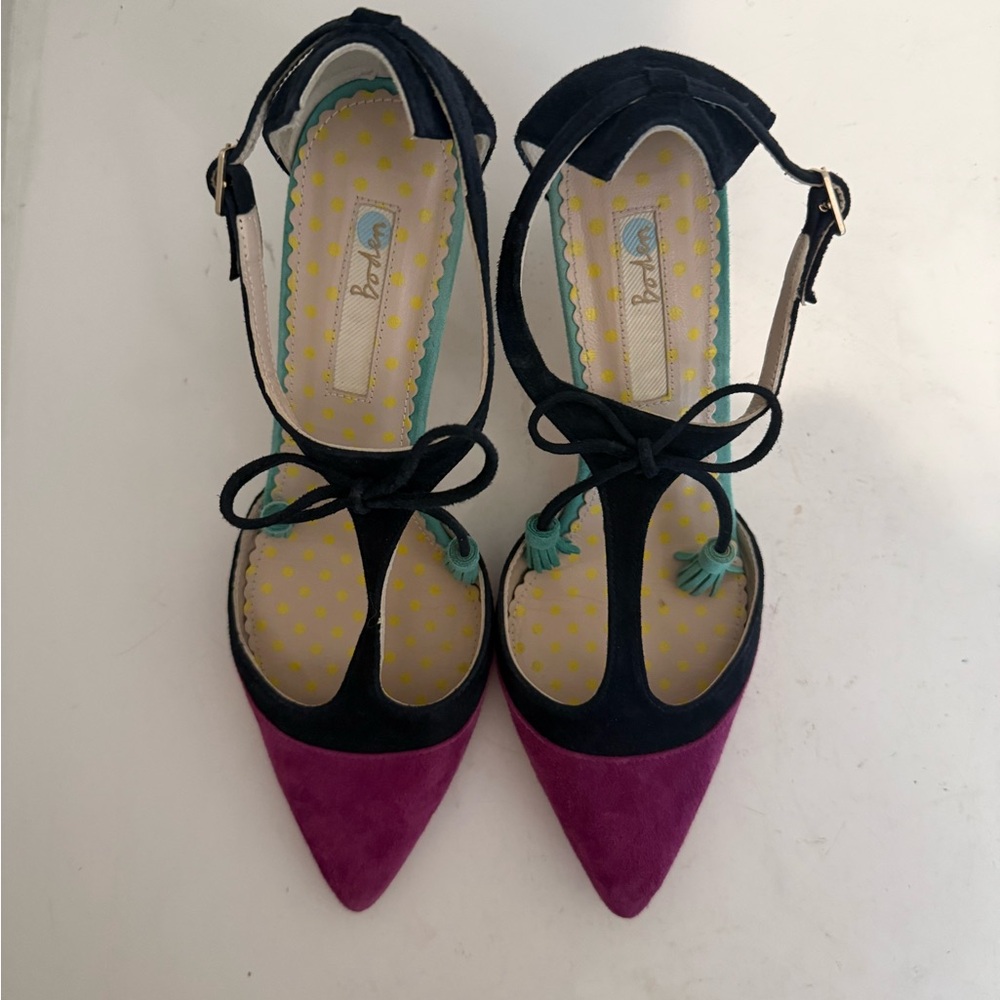 Boden Alice Suede Amethyst Navy Turquoise Tassel T-Strap Pointed Toe Heels EU 37 - Picture 3 of 8